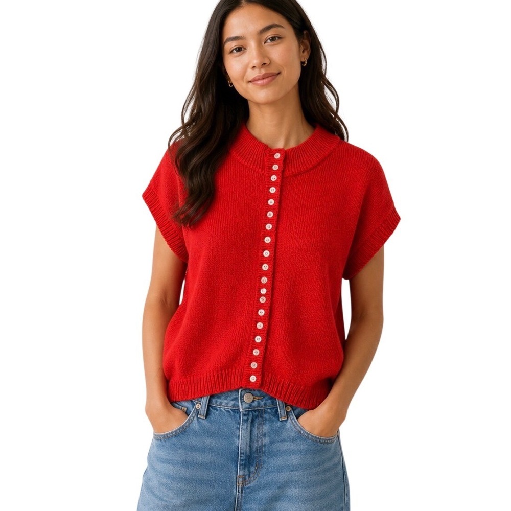 Honors Apparel Vintage Red Knit Button Front Mock Neck Top Ramie Cotton Small